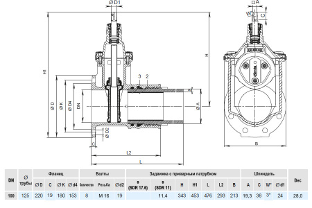 Задвижка HAWLE 4090E3 DN 100/125 PN 16 фланец - ПЭ патрубок клиновая чугунная с обрезиненным клином