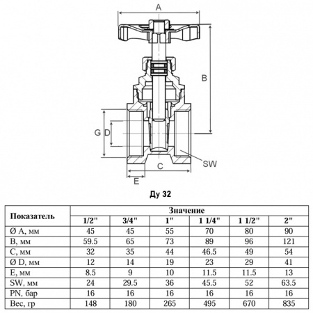Задвижка клиновая VALFEX VF.04 ВР 1 1/4" Ду 32 Ру 16 латунная