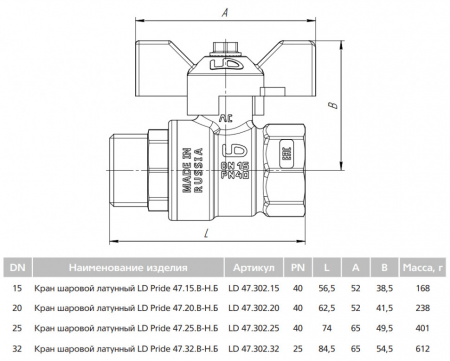 Кран шаровой латунный LD Pride 47.25.В-Н.Б Ду 25 Ру 40 резьба (ВР-ВР) 1", никелированный с красной бабочкой, неполнопроходный