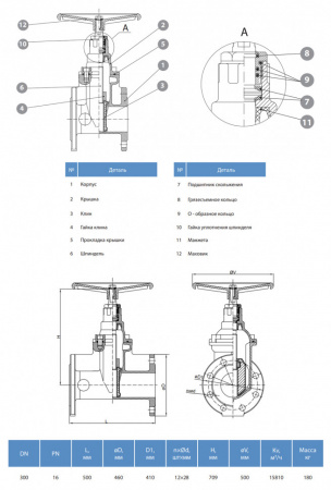 Задвижка GROSS DN 300 PN 16 фланцевая с обрезиненным клином с маховиком длинная