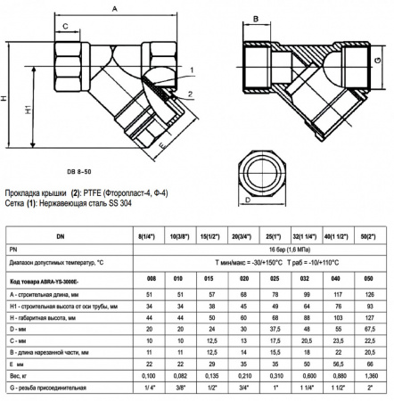 Фильтр сетчатый ABRA YS-3000E ВР 1 1/2" DN 40 PN 16 резьбовой латунный