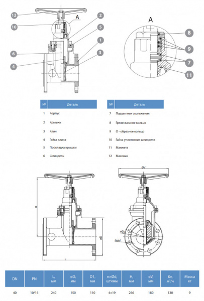 Задвижка GROSS DN 40 PN 10/16 фланцевая с обрезиненным клином с маховиком длинная Задвижка GROSS DN 40 PN 10/16 фланцевая с обрезиненным клином с маховиком длинная