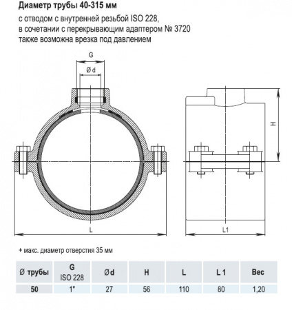 Врезной хомут HAWLE 5250 DN 50 PN 16 системы HAKU с отводом с внутренней резьбой 1"