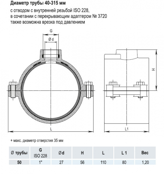 Врезной хомут HAWLE 5250 DN 50 PN 16 системы HAKU с отводом с внутренней резьбой 1"