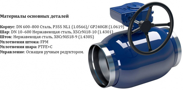 Кран шаровой NAVAL 284441 DN 600 PN 25 стальной стандартнопроходный под приварку с редуктором