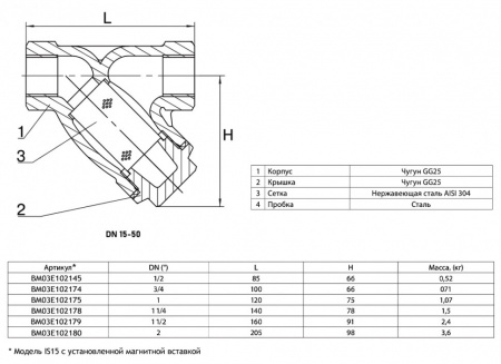 Фильтр сетчатый ADL IS15M DN 50 PN 16 чугунный резьбовой BM03E102180