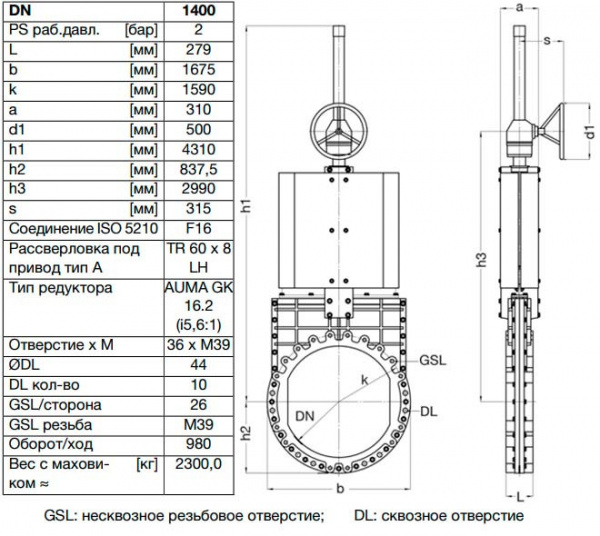 Задвижка шиберная ножевая VAG ZETA DN 1400 PN 10 со штурвалом Задвижка шиберная ножевая VAG ZETA DN 1400 PN 10 со штурвалом