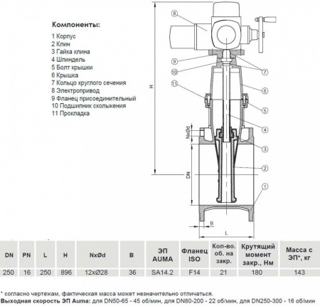 Задвижка VGA D21.04 DN 250 PN 16 фланцевая клиновая чугунная с электроприводом с обрезиненным клином Задвижка VGA D21.04 DN 250 PN 16 фланцевая клиновая чугунная с электроприводом с обрезиненным клином