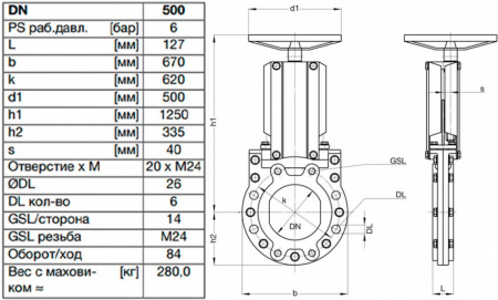 Задвижка шиберная ножевая VAG ZETA DN 500 PN 10 со штурвалом