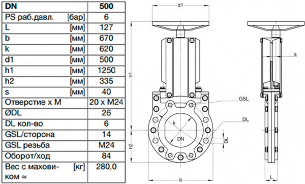 Задвижка шиберная ножевая VAG ZETA DN 500 PN 10 со штурвалом Задвижка шиберная ножевая VAG ZETA DN 500 PN 10 со штурвалом