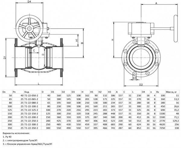 Шаровой кран Ситал T1-22-2 DN 300 PN 40 редуцированный фланцевый с редуктором