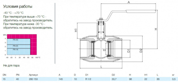 Кран шаровой NAVAL 280153 DN 15 PN 40 стальной стандартнопроходный резьбовой (Вн) для газа