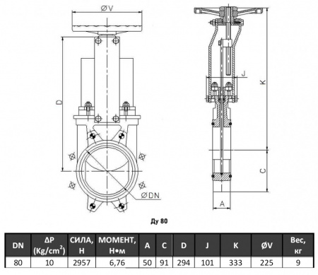 Задвижка шиберная СМО AB-01-HW(N)-E Ду 80 Ру 10 двусторонняя с невыдвижным шпинделем чугунная межфланцевая со штурвалом