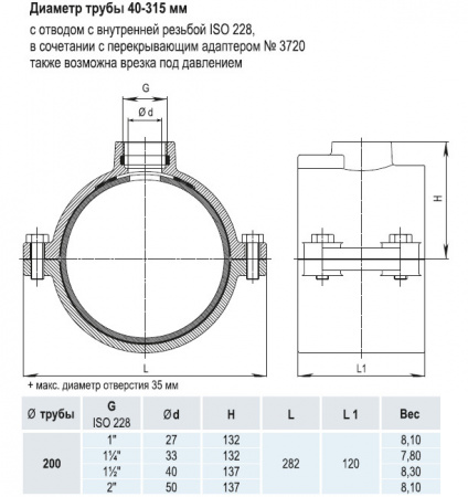 Врезной хомут HAWLE 5250 DN 200 PN 16 системы HAKU с отводом с внутренней резьбой 2"