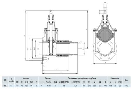 Задвижка HAWLE 4090E2 DN 50/63 PN 16 фланец - ПЭ патрубок клиновая чугунная с обрезиненным клином