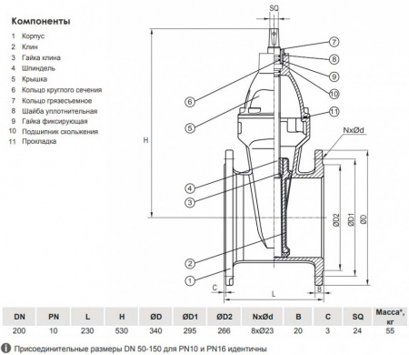 Задвижка VGA D17.04 DN 200 PN 10 L=230 мм фланцевая клиновая чугунная с маховиком с обрезиненным клином