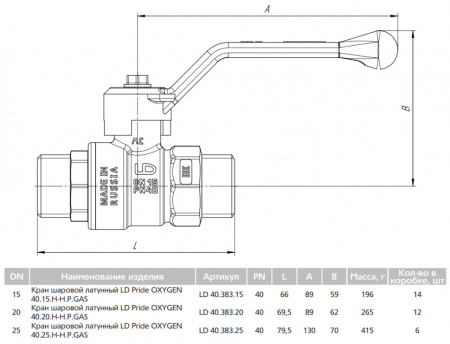 Кран шаровой латунный LD Pride Oxygen 40.15.Н-Н.Р GAS Ду 15 Ру 40 резьба (НР) 1/2", никелированный кислородный