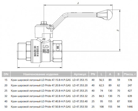 Кран шаровой латунный LD Pride 47.15.В-Н.Р GAS Ду 15 Ру 40 резьба (ВР-НР) 1/2", никелированный неполнопроходный