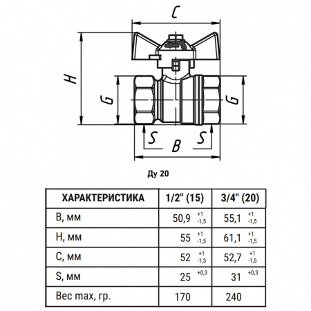 Кран шаровый VALFEX VF.217 ВР 3/4" Ду 20 Ру 40 STANDART N/P латунный