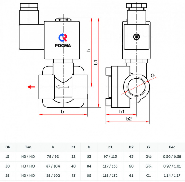 Клапан электромагнитный (соленоидный) двухходовой Росма СК-11-15-ВД Ду 15, G1/2", непрямого действия, нормально закрытый, 220В, медный сплав, мембрана NBR, 00000025194