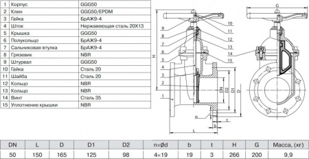 Задвижка ADL ГРАНАР KR20 Ду 50 Ру 16 фланцевая клиновая чугунная под штурвал с электроприводом с обрезиненным клином