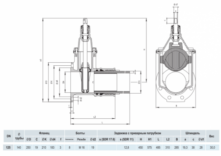 Задвижка HAWLE 4090E2 DN 125/140 PN 16 фланец - ПЭ патрубок клиновая чугунная с обрезиненным клином