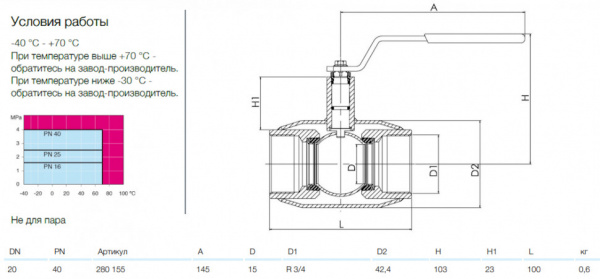 Кран шаровой NAVAL 280155 DN 20 PN 40 стальной стандартнопроходный резьбовой (Вн) для газа