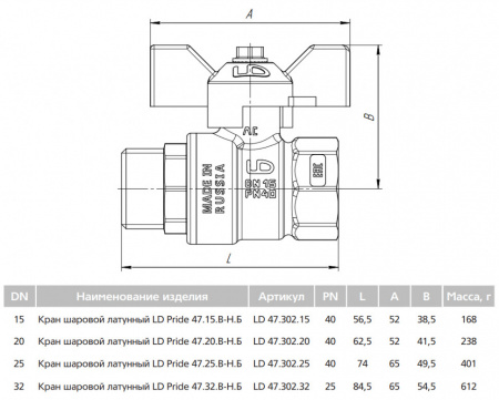 Кран шаровой латунный LD Pride 47.25.В-Н.Б Ду 25 Ру 40 резьба (ВР-НР) 1", никелированный с синей бабочкой, неполнопроходный Кран шаровой латунный LD Pride 47.25.В-Н.Б Ду 25 Ру 40 резьба (ВР-НР) 1", никелированный с синей бабочкой, неполнопроходный