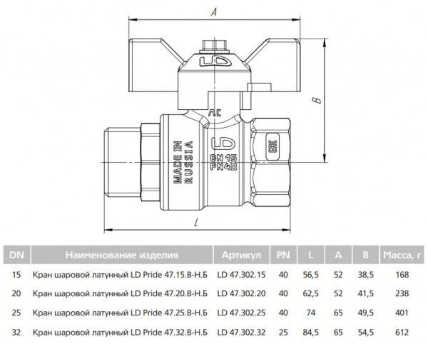 Кран шаровой латунный LD Pride 47.25.В-Н.Б Ду 25 Ру 40 резьба (ВР-НР) 1", никелированный с синей бабочкой, неполнопроходный