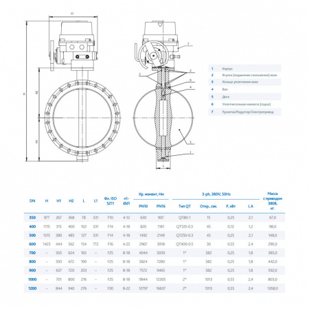 Затвор DENDOR 017W DN 800 PN 10 поворотный дисковый межфланцевый чугунный с электроприводом