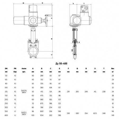 Задвижка шиберная VALSTOK VA-013-01-AUMA-N Ду 300 Ру 6 с электроприводом AUMA SA 380В односторонняя чугунная межфланцевая