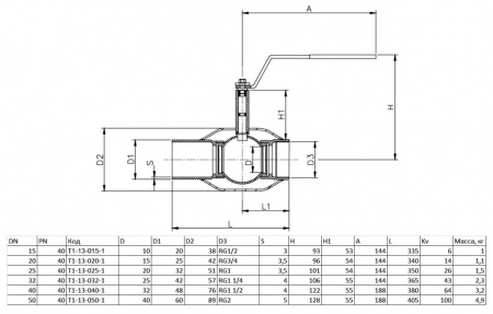 Шаровой кран Ситал T1-13-1 DN 50 PN 40 под приварку редуцированный с воздушником с ручкой