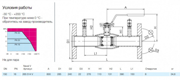 Кран шаровой NAVAL NAVALTRIM 265514 V DN 150 PN 16 регулирующий стальной фланцевый