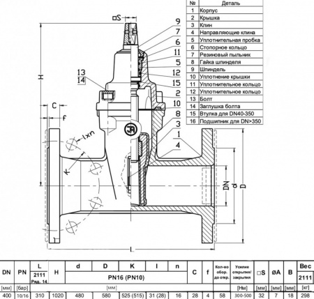 Задвижка JAFAR 2111 DN 400 PN16 фланцевая клиновая чугунная с обрезиненным клином