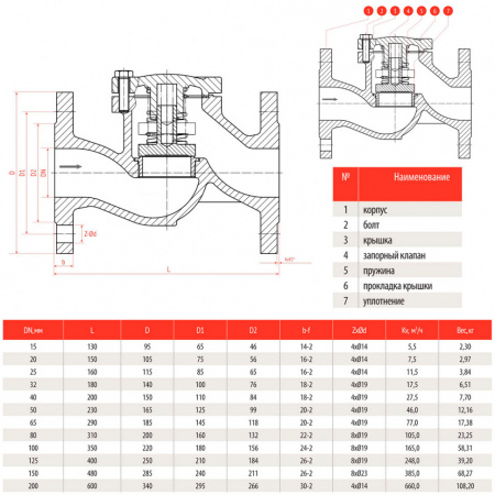 Клапан обратный подъемный РАШВОРК 487 Ду15 Ру16 фланцевый чугунный