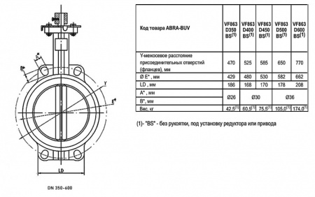 Затвор дисковый поворотный ABRA BUV-VF 863 DN 350 PN 16 межфланцевый с голым штоком