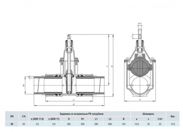 Задвижка HAWLE 4051E2 DN 50/63 PN 10 с ПЭ патрубками клиновая чугунная с обрезиненным клином Задвижка HAWLE 4051E2 DN 50/63 PN 10 с ПЭ патрубками клиновая чугунная с обрезиненным клином