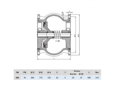 Клапан обратный Hawle 9887 DN 600 PN 16 фланцевый осевой