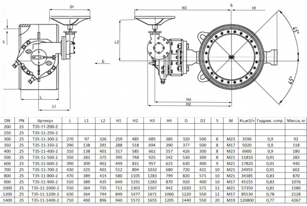 Дисковый затвор Ситал T35-11-2 DN 500 PN 25 с редуктором