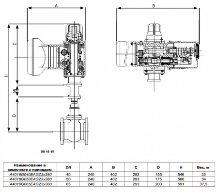 Задвижка клиновая ABRA A40-G-BS F4 DN 65 PN 16 чугунная фланцевая с электроприводом