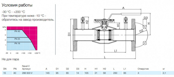 Кран шаровой NAVAL NAVALTRIM 266503 V DN 15 PN 40 регулирующий нержавеющий фланцевый