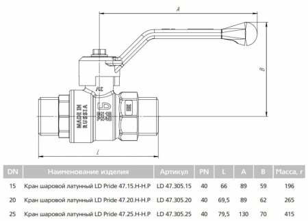 Кран шаровой латунный LD Pride 47.25.Н-Н.Р Ду 25 Ру 40 резьба (НР) 1", никелированный с синим рычагом, неполнопроходный
