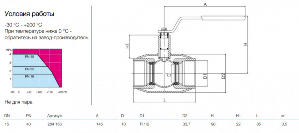 Кран шаровой NAVAL 284153 DN 15 PN 40 стальной стандартнопроходный резьбовой (Вн)