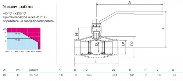 Кран шаровой NAVAL NAVALSTEAM 274155 DN 20 PN 40 стальной стандартнопроходный резьбовой для пара