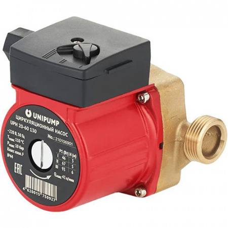 Насос циркуляционный Unipump UPH 20-60 130 с мокрым ротором H=6м Q=43л/мин арт. 68103