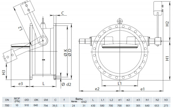 Клапан обратный HAWLE 9883K DN 700 PN 10 с рычагом и противовесом