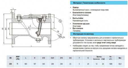 Клапан обратный HAWLE 9831 DN 200 PN 16 фланцевый