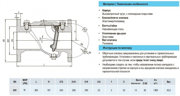 Клапан обратный HAWLE 9831 DN 200 PN 16 фланцевый