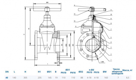 Задвижка DENDOR 47GV DN 40 PN 10/16 фланцевая клиновая чугунная под штурвал с обрезиненным клином