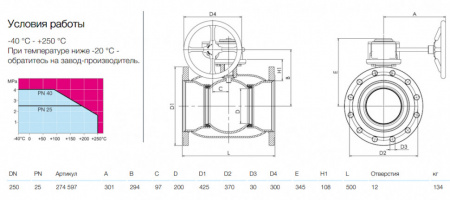 Кран шаровой NAVAL NAVALSTEAM 274597 DN 250 PN 25 стальной стандартнопроходный фланцевый для пара с редуктором